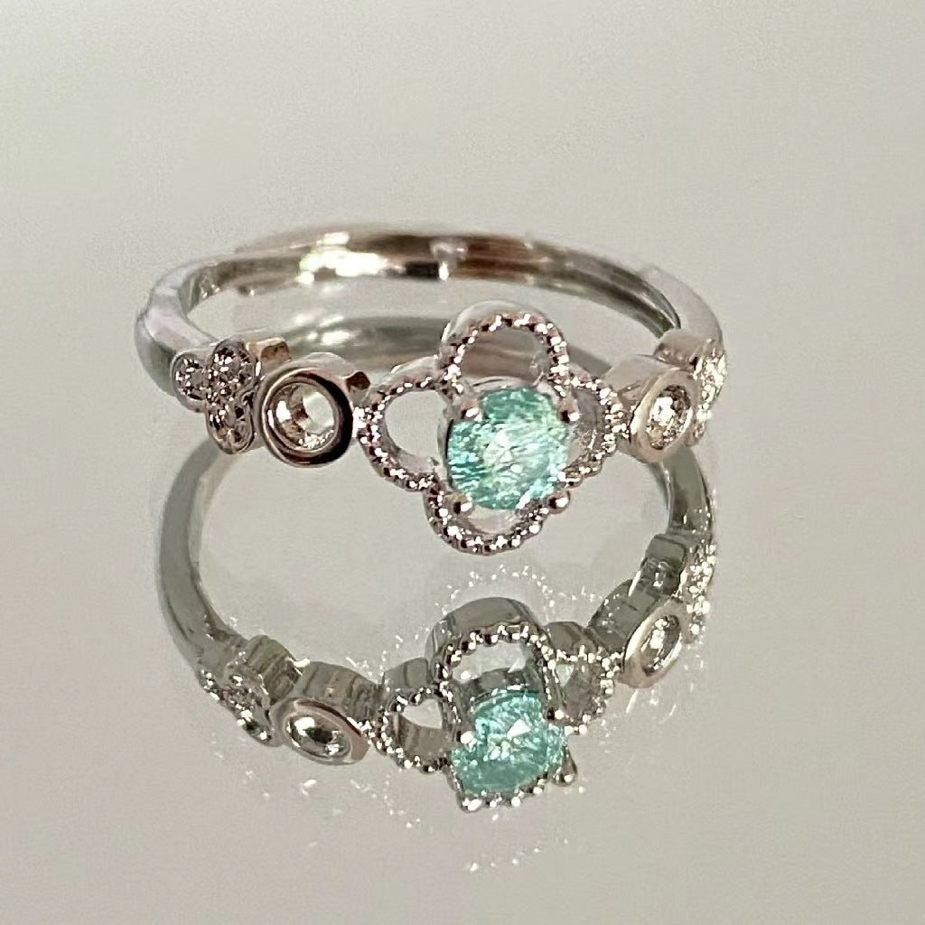 Paraiba Color Tourmaline Silver Ring with Clover-Inspired Design, Adjustable