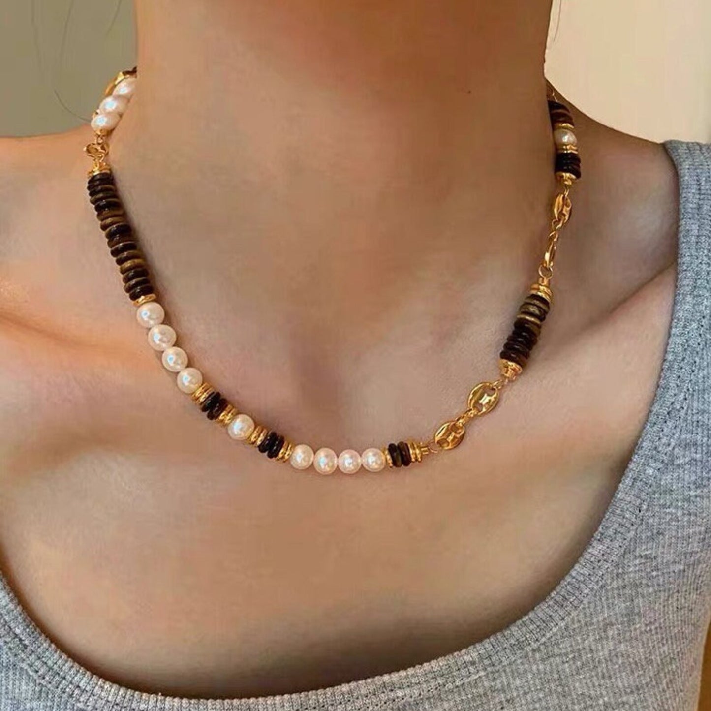 Natural pearl and tiger eye gemstone necklace choker chain