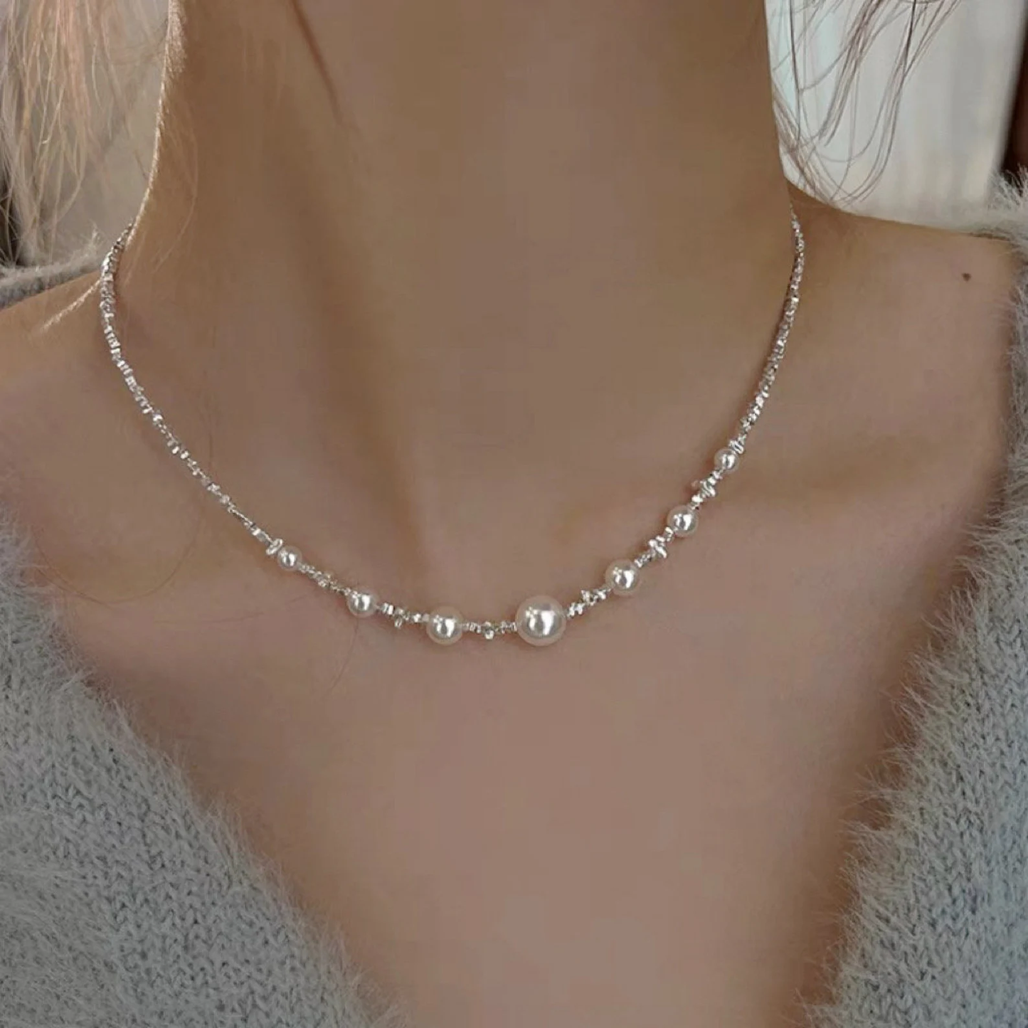 Silver Pearl Choker Necklace