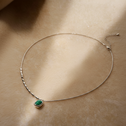 Sterling silver necklace with green/white square pendant