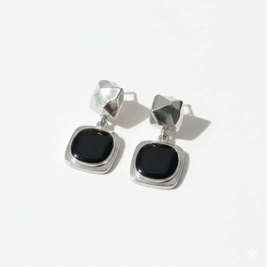 Silver earrings with black square pendant