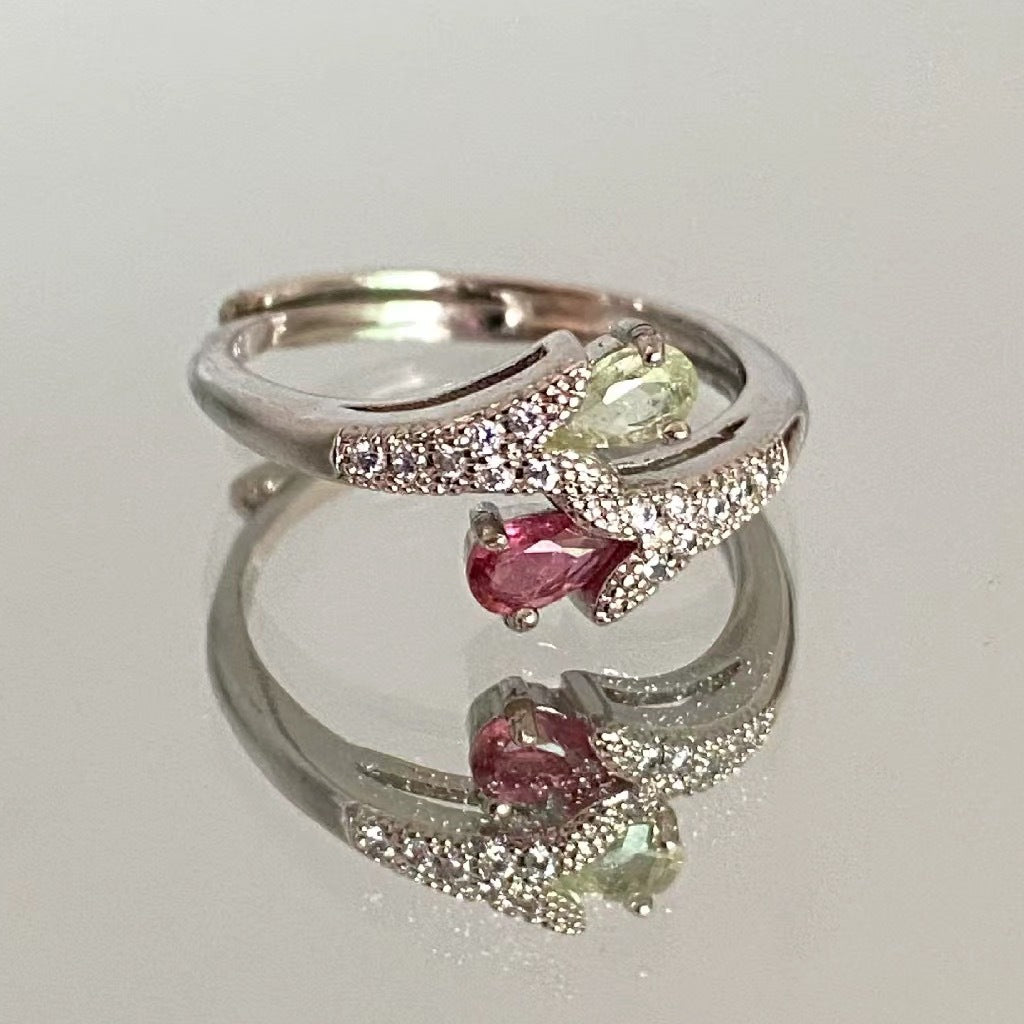 Silver Floral Ring with Rose & Green Tourmaline, Adjustable