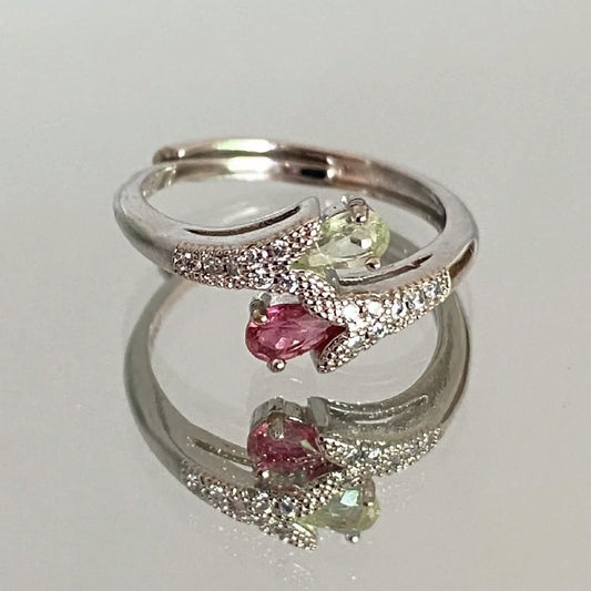 Silver Floral Ring with Rose & Green Tourmaline, Adjustable