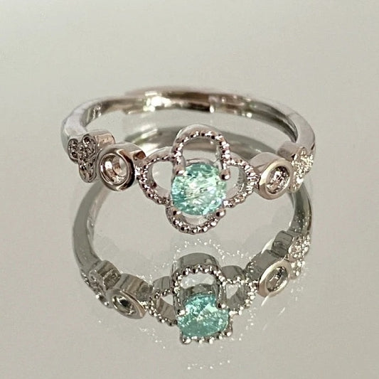 Paraiba Color Tourmaline Silver Ring with Clover-Inspired Design, Adjustable