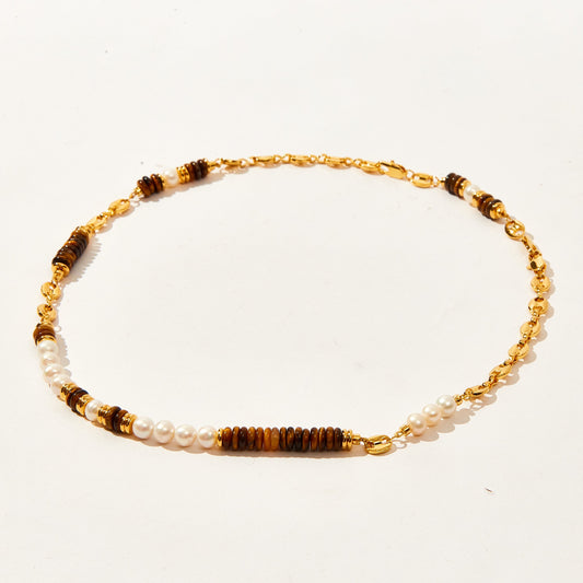 Natural pearl and tiger eye gemstone necklace choker chain