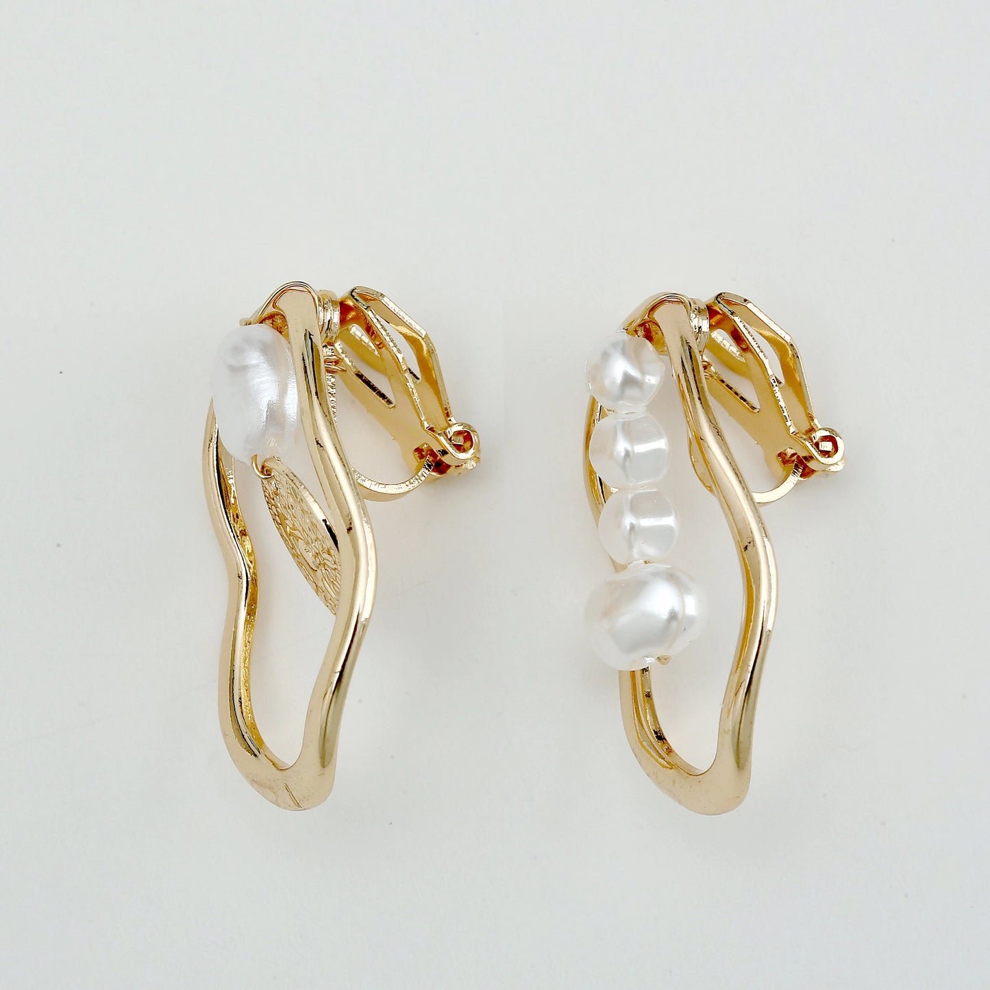 Asymmetrical irregular hoop drop earrings/earclips with pearls