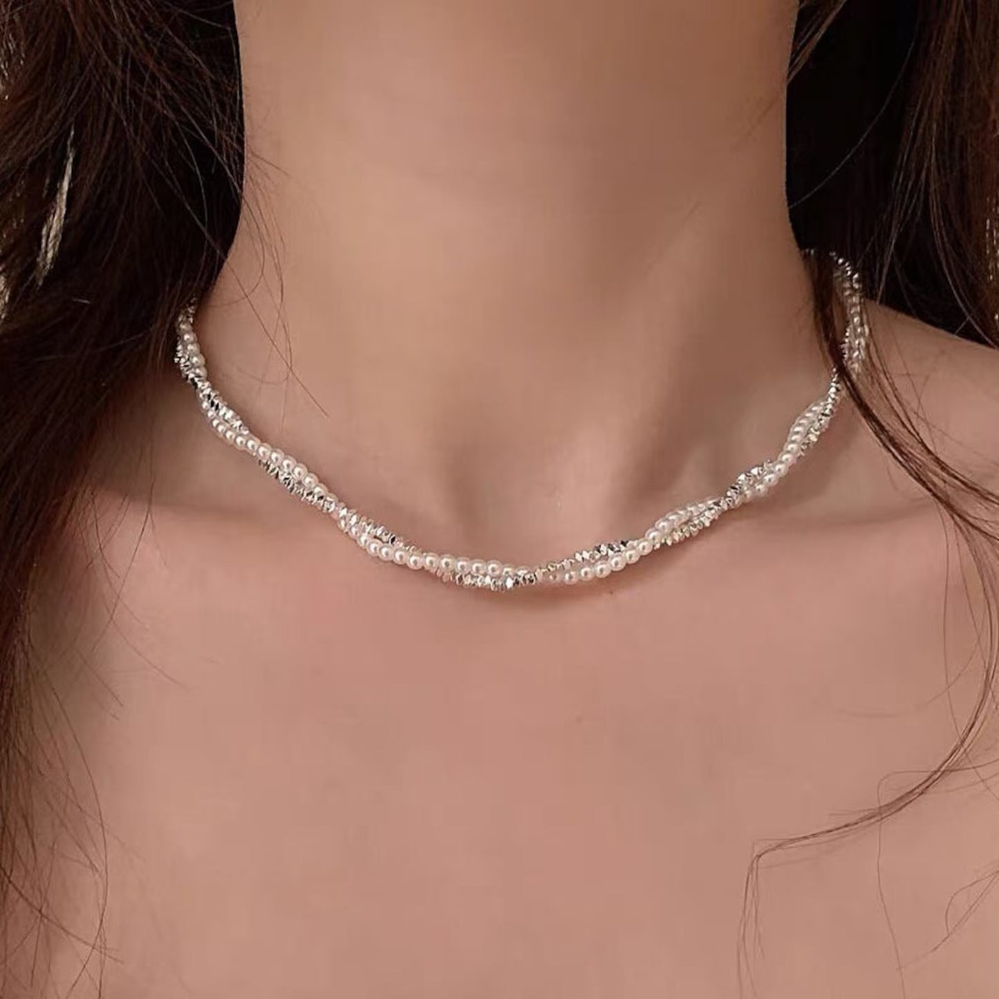 Two-strand twist pearl choker necklace